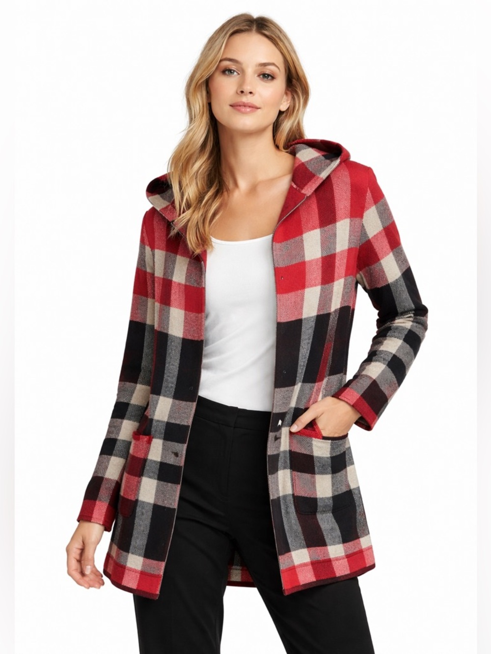 Tahari Womens XS Red Plaid Hooded Open Front Cardigan Sweater Pockets NWT